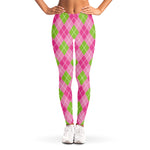 Pink And Green Argyle Pattern Print Women's Leggings