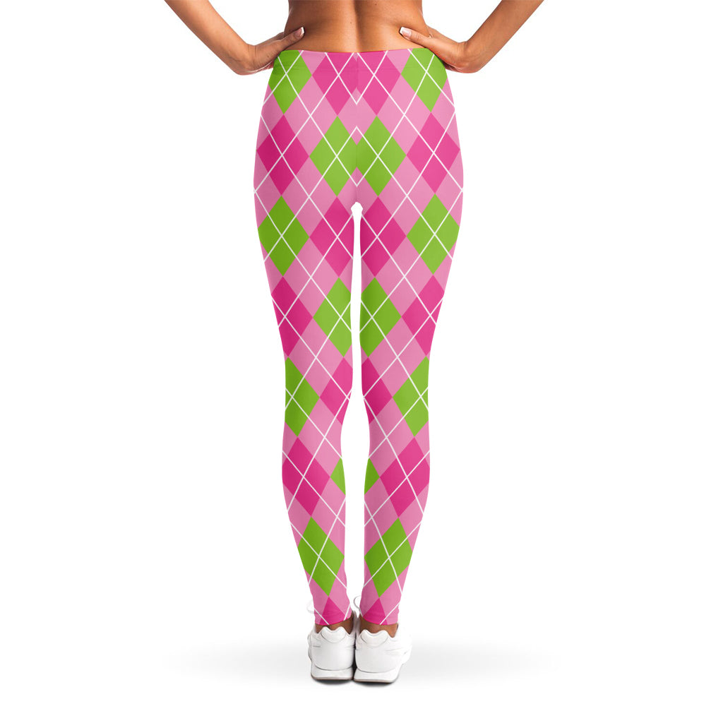 Pink And Green Argyle Pattern Print Women's Leggings