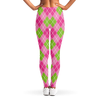 Pink And Green Argyle Pattern Print Women's Leggings