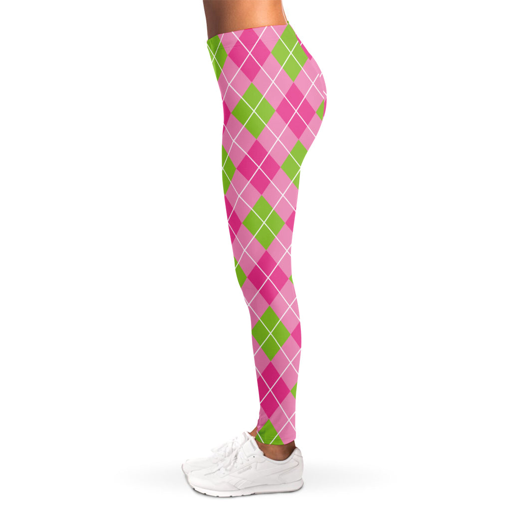 Pink And Green Argyle Pattern Print Women's Leggings