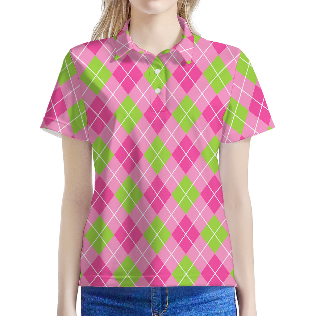Pink And Green Argyle Pattern Print Women's Polo Shirt