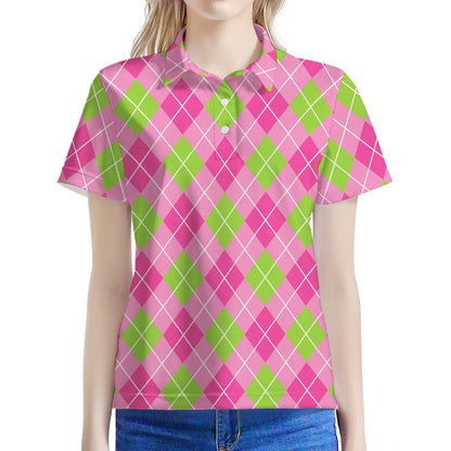 Pink And Green Argyle Pattern Print Women's Polo Shirt