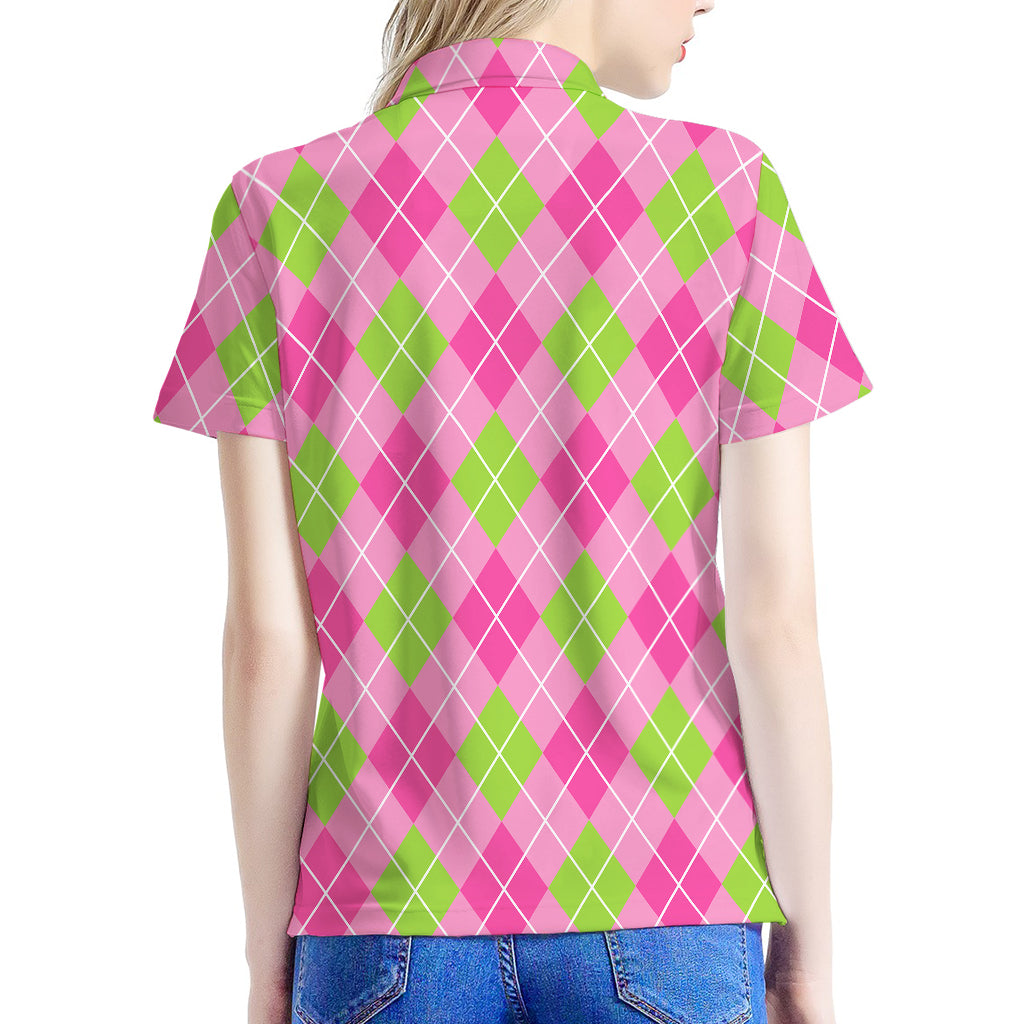 Pink And Green Argyle Pattern Print Women's Polo Shirt