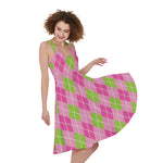 Pink And Green Argyle Pattern Print Women's Sleeveless Dress