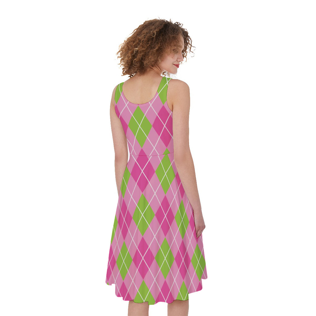 Pink And Green Argyle Pattern Print Women's Sleeveless Dress