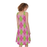 Pink And Green Argyle Pattern Print Women's Sleeveless Dress