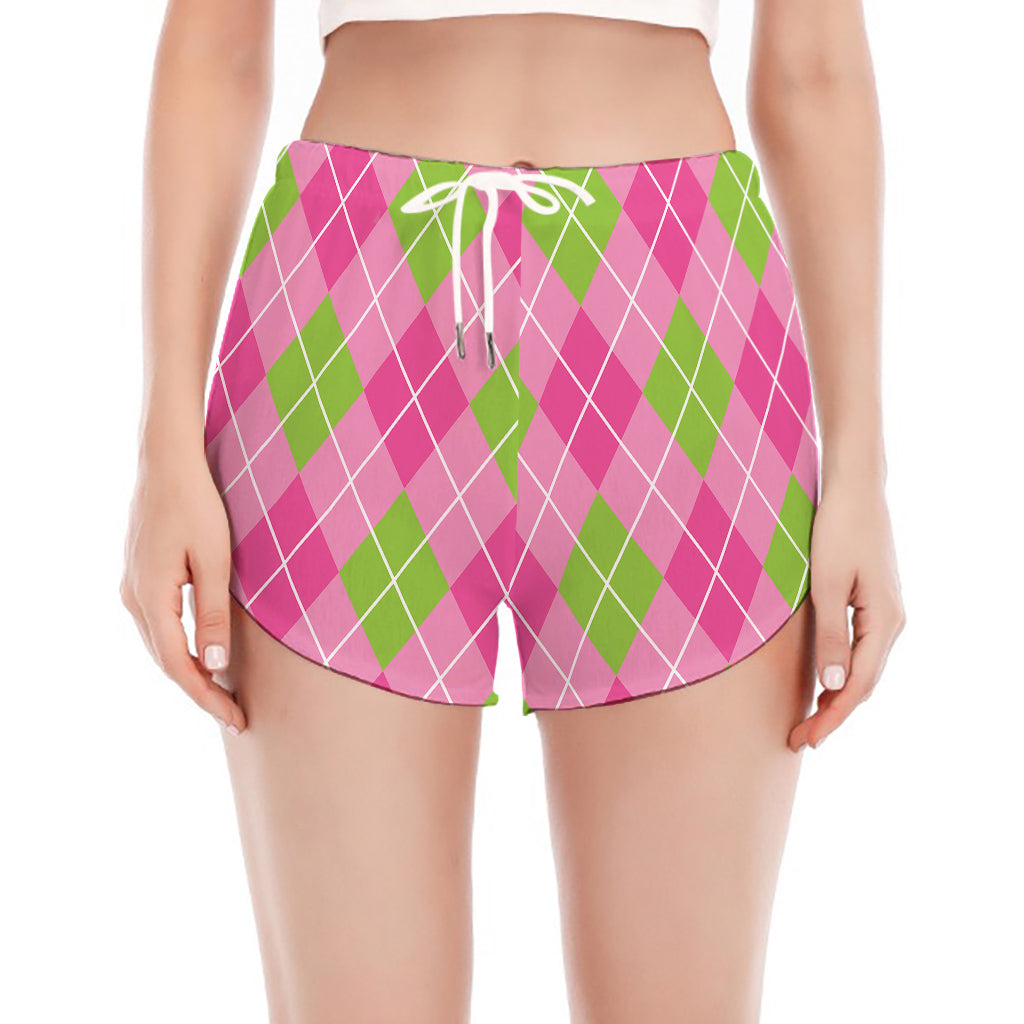 Pink And Green Argyle Pattern Print Women's Split Running Shorts