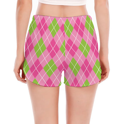 Pink And Green Argyle Pattern Print Women's Split Running Shorts