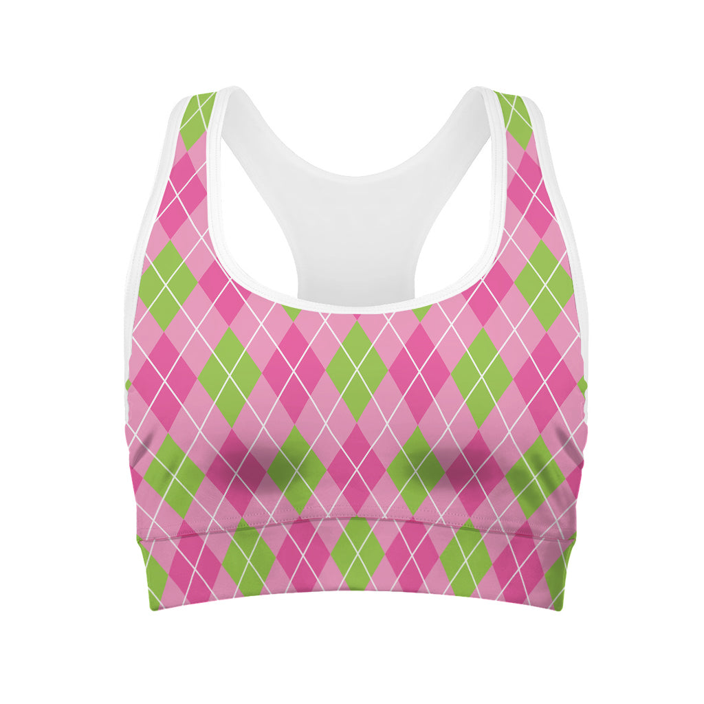 Pink And Green Argyle Pattern Print Women's Sports Bra