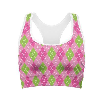 Pink And Green Argyle Pattern Print Women's Sports Bra