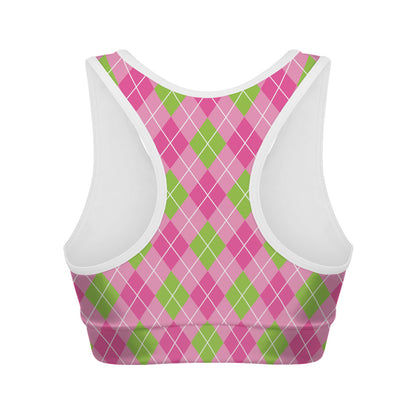Pink And Green Argyle Pattern Print Women's Sports Bra