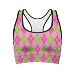 Pink And Green Argyle Pattern Print Women's Sports Bra
