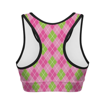 Pink And Green Argyle Pattern Print Women's Sports Bra