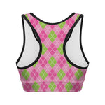 Pink And Green Argyle Pattern Print Women's Sports Bra