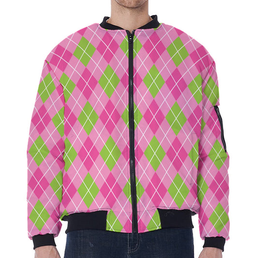 Pink And Green Argyle Pattern Print Zip Sleeve Bomber Jacket
