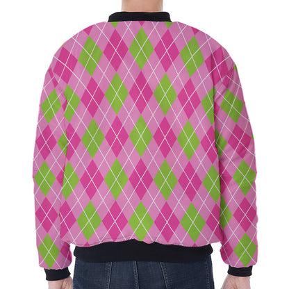 Pink And Green Argyle Pattern Print Zip Sleeve Bomber Jacket