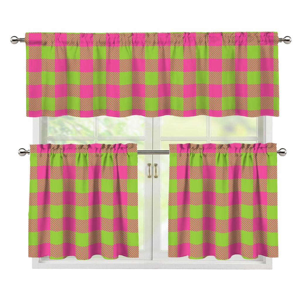 Pink And Green Buffalo Plaid Print 3 Piece Kitchen Curtains