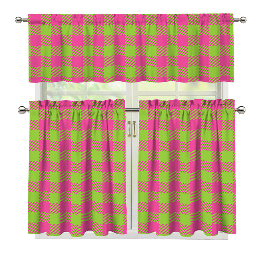 Pink And Green Buffalo Plaid Print 3 Piece Kitchen Curtains