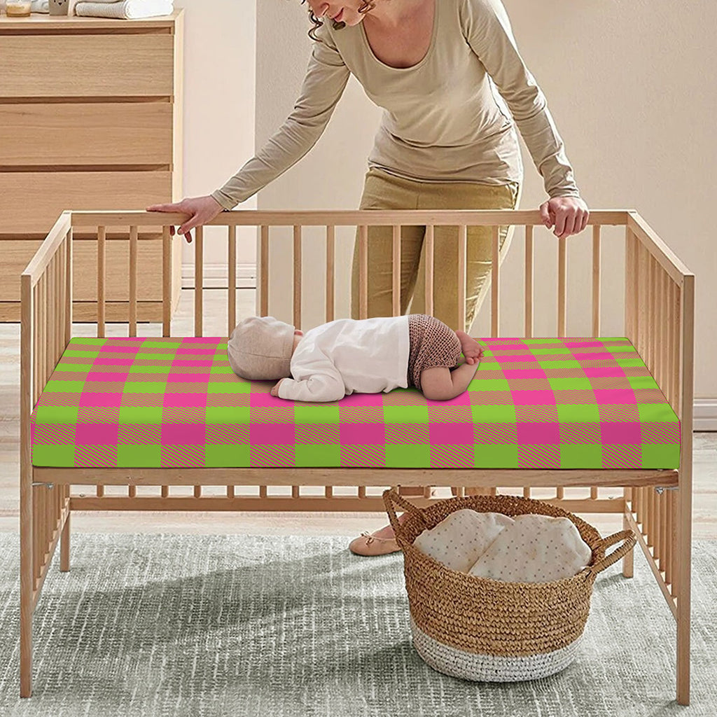 Pink And Green Buffalo Plaid Print Baby Crib Sheet