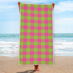 Pink And Green Buffalo Plaid Print Beach Towel