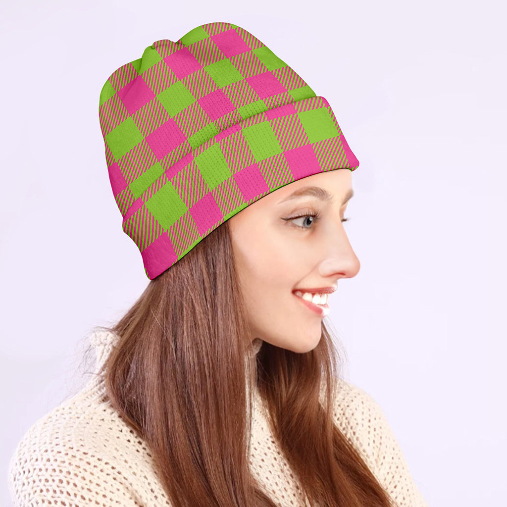 Pink And Green Buffalo Plaid Print Beanie