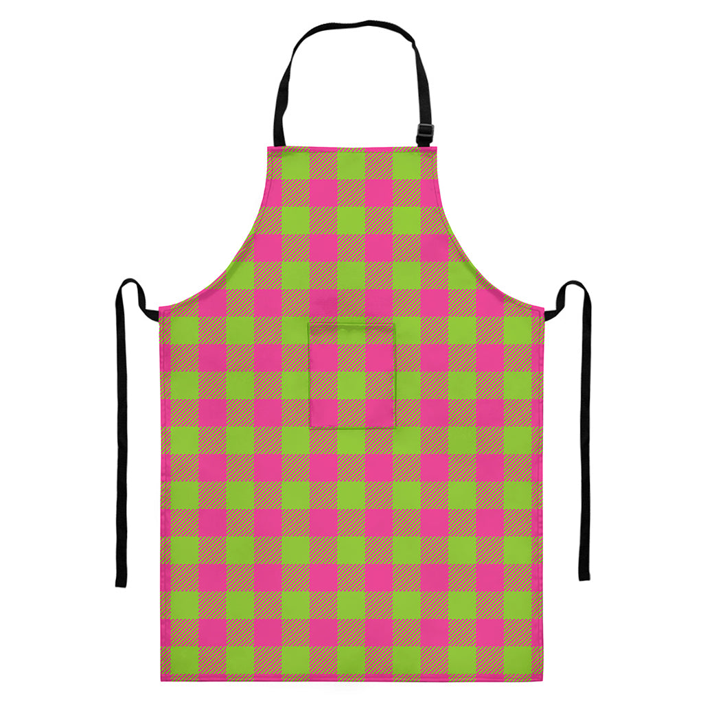 Pink And Green Buffalo Plaid Print Bib Apron With Pocket