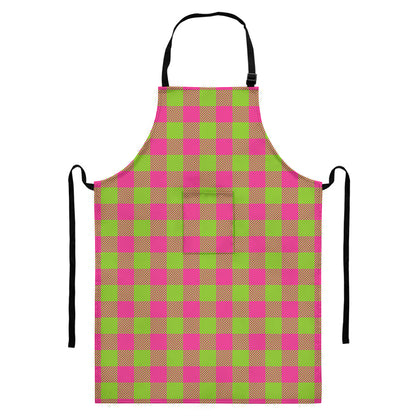 Pink And Green Buffalo Plaid Print Bib Apron With Pocket