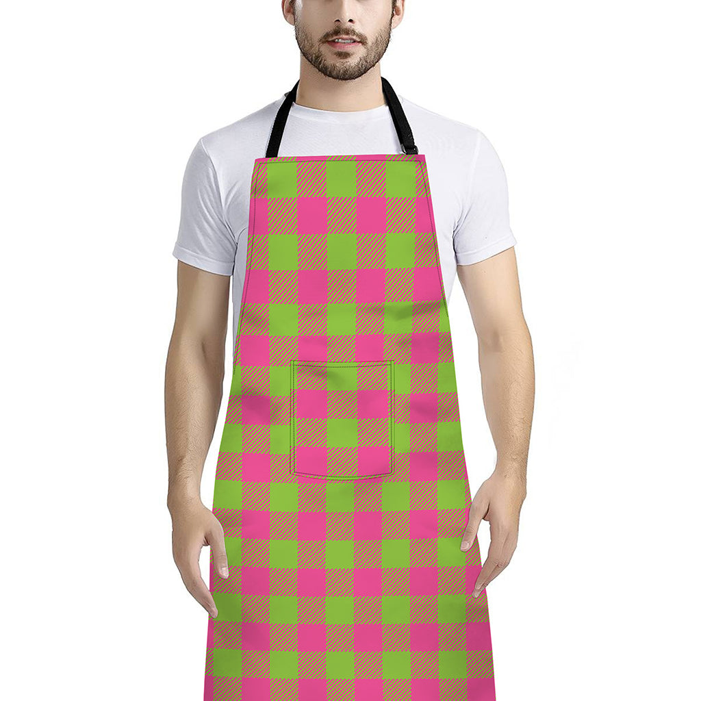 Pink And Green Buffalo Plaid Print Bib Apron With Pocket