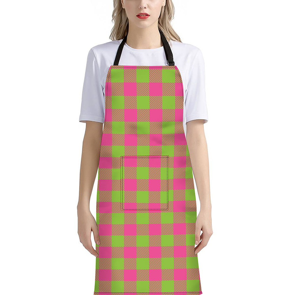 Pink And Green Buffalo Plaid Print Bib Apron With Pocket