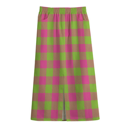 Pink And Green Buffalo Plaid Print Cotton Front Slit Maxi Skirt