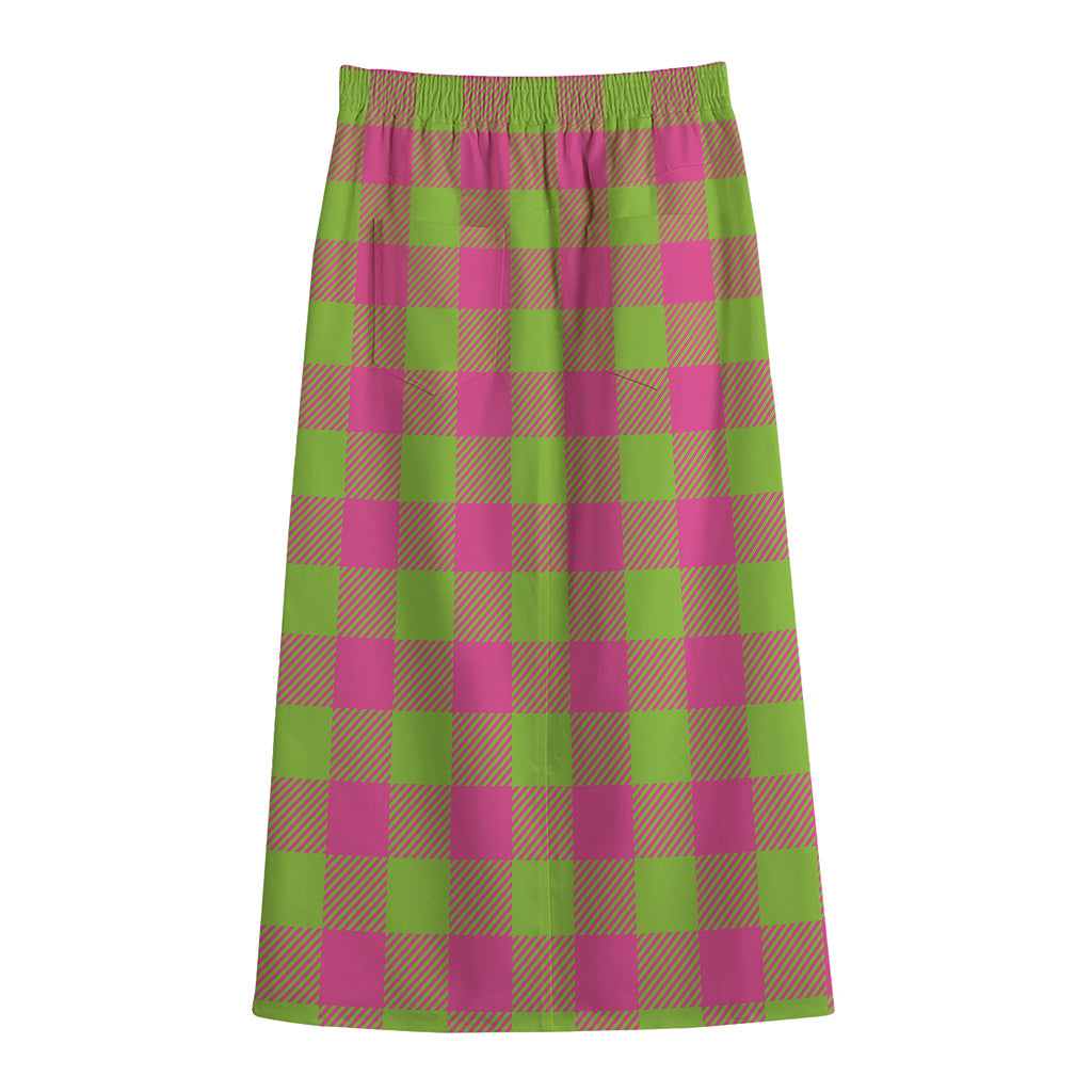 Pink And Green Buffalo Plaid Print Cotton Front Slit Maxi Skirt