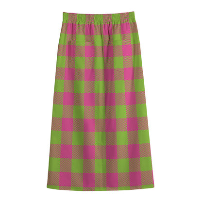 Pink And Green Buffalo Plaid Print Cotton Front Slit Maxi Skirt