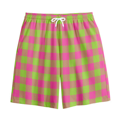 Pink And Green Buffalo Plaid Print Cotton Shorts