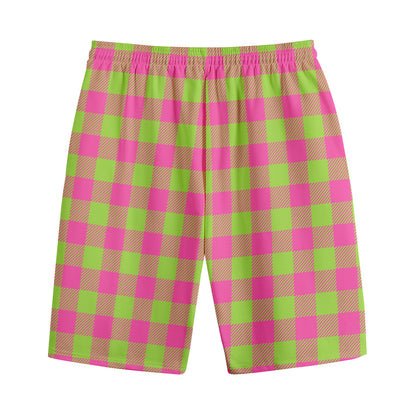 Pink And Green Buffalo Plaid Print Cotton Shorts