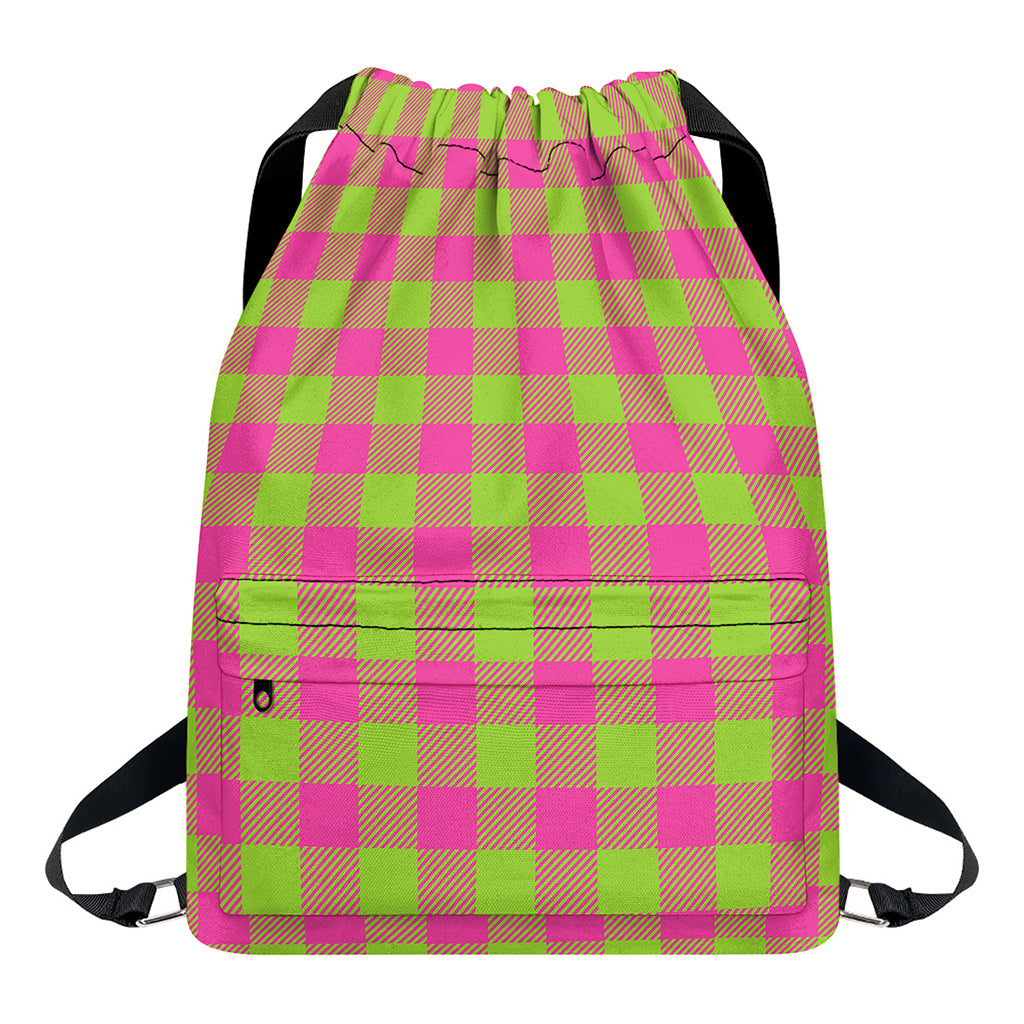 Pink And Green Buffalo Plaid Print Drawstring Backpack