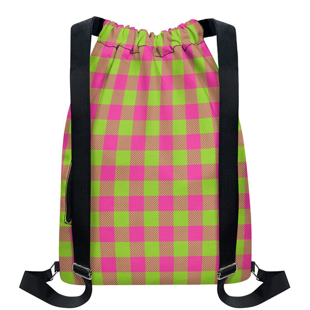 Pink And Green Buffalo Plaid Print Drawstring Backpack