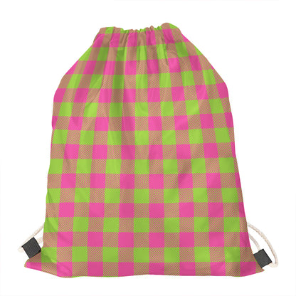 Pink And Green Buffalo Plaid Print Drawstring Bag