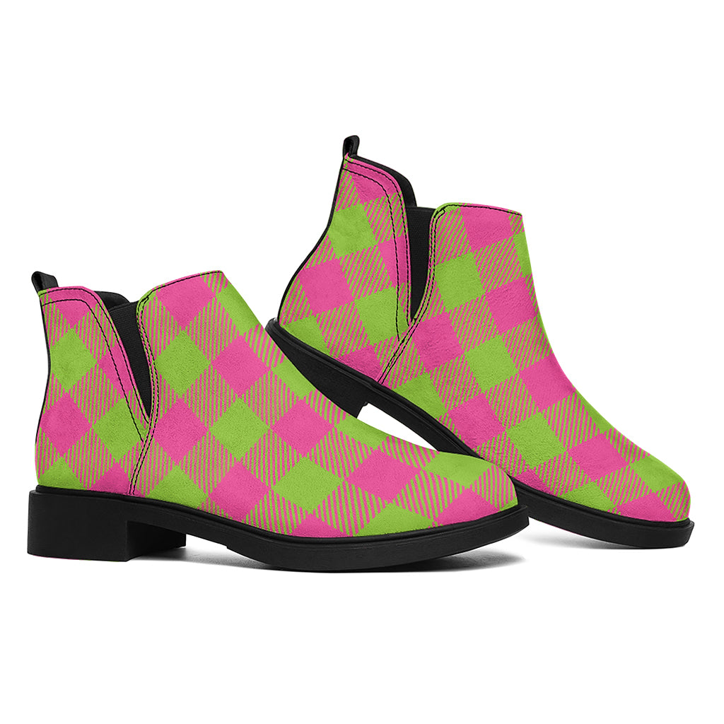 Pink And Green Buffalo Plaid Print Flat Ankle Boots