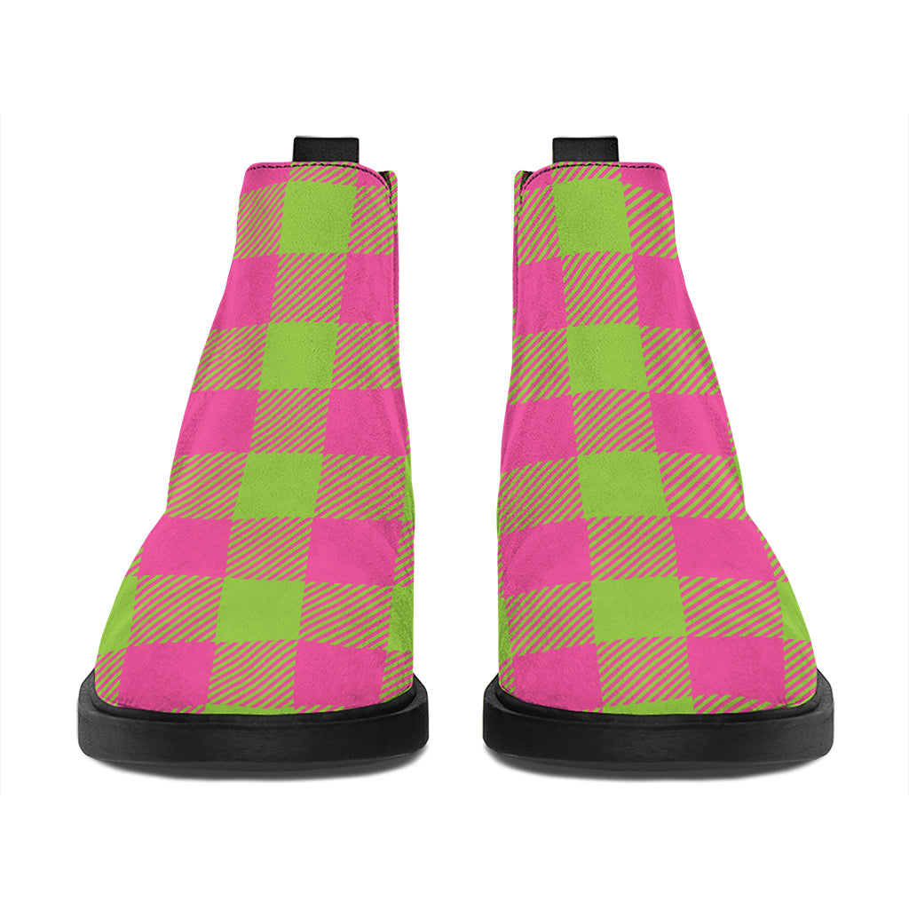 Pink And Green Buffalo Plaid Print Flat Ankle Boots