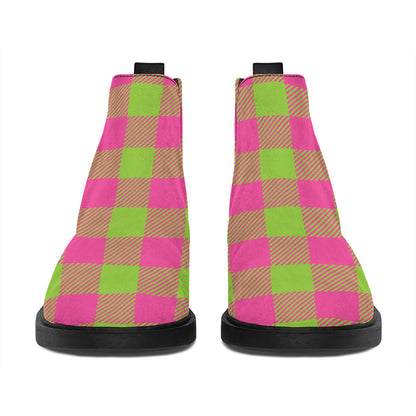Pink And Green Buffalo Plaid Print Flat Ankle Boots
