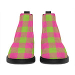 Pink And Green Buffalo Plaid Print Flat Ankle Boots