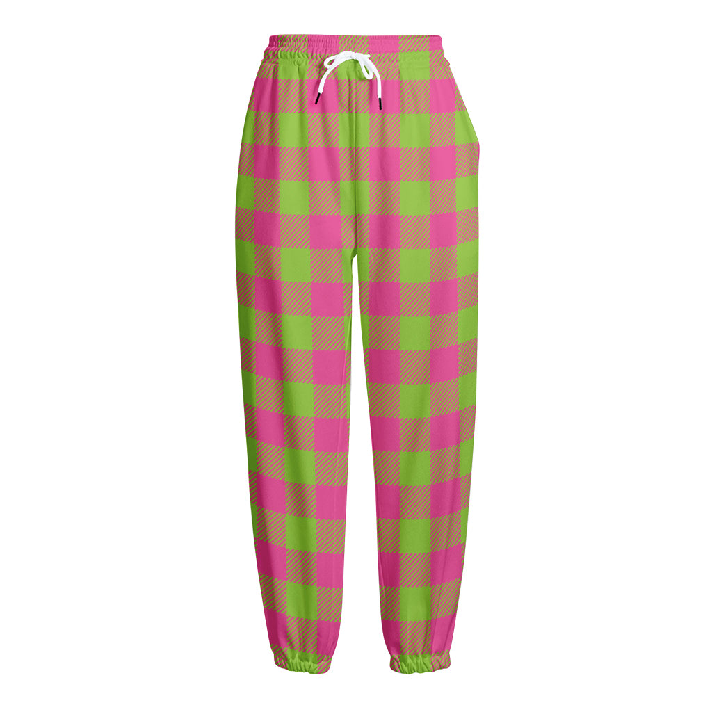 Pink And Green Buffalo Plaid Print Fleece Lined Knit Pants