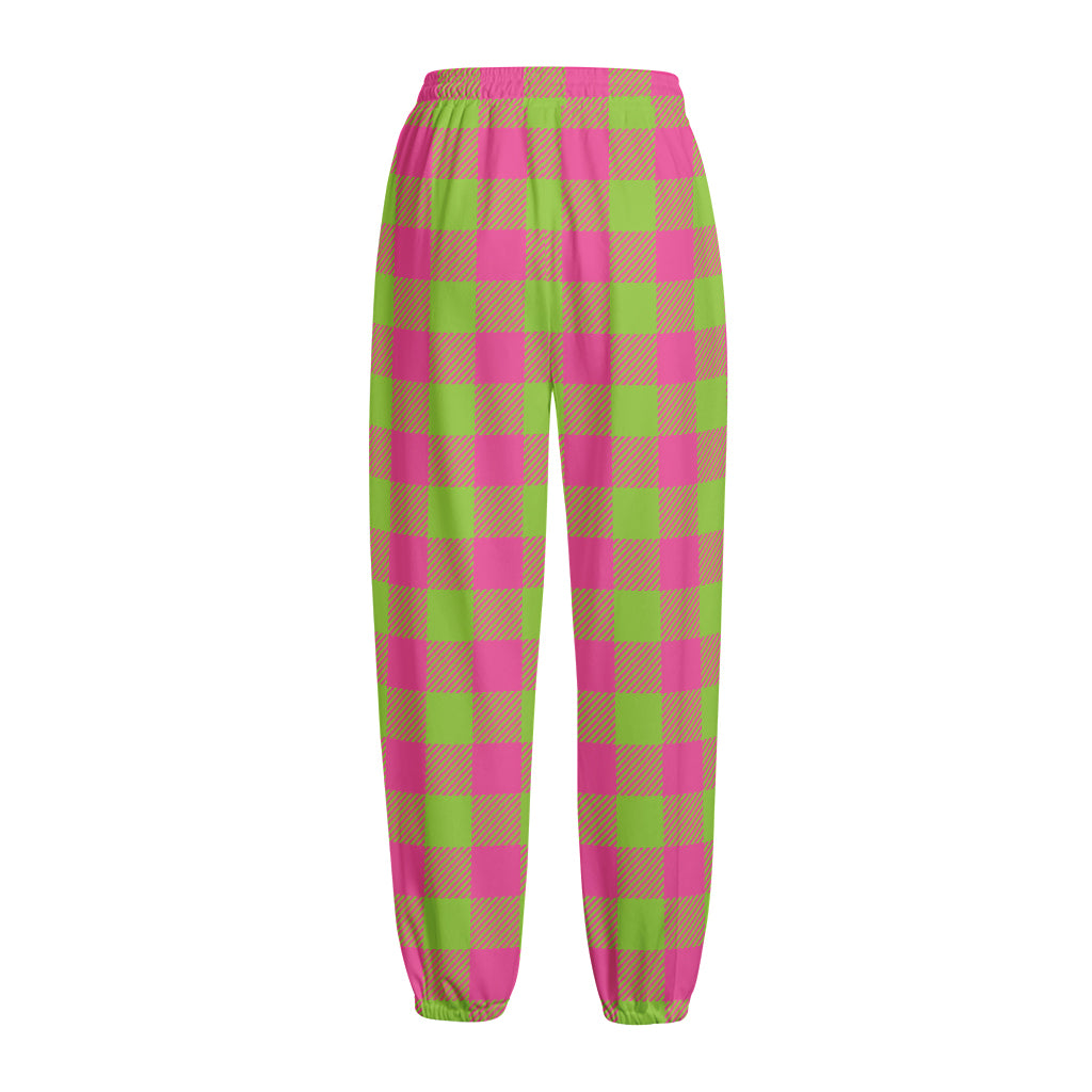 Pink And Green Buffalo Plaid Print Fleece Lined Knit Pants