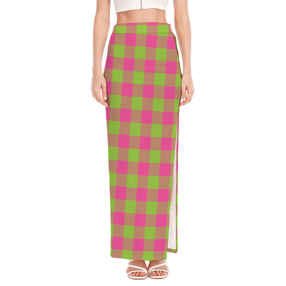 Pink And Green Buffalo Plaid Print High Slit Maxi Skirt