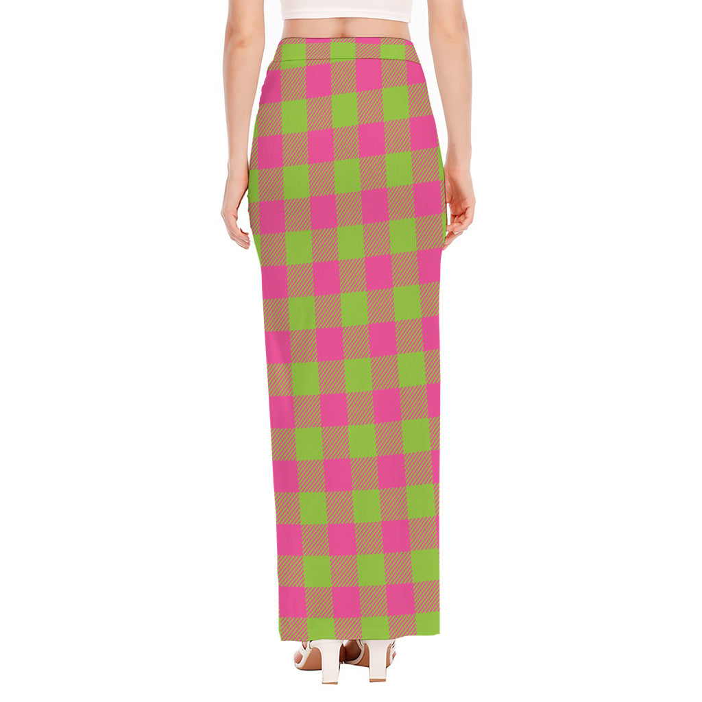 Pink And Green Buffalo Plaid Print High Slit Maxi Skirt