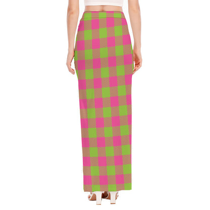 Pink And Green Buffalo Plaid Print High Slit Maxi Skirt