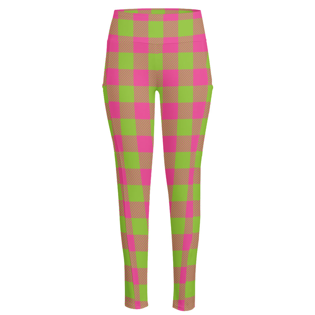 Pink And Green Buffalo Plaid Print High-Waisted Pocket Leggings