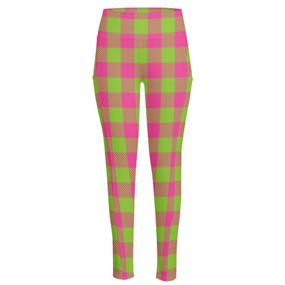 Pink And Green Buffalo Plaid Print High-Waisted Pocket Leggings