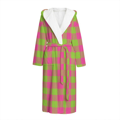 Pink And Green Buffalo Plaid Print Hooded Bathrobe