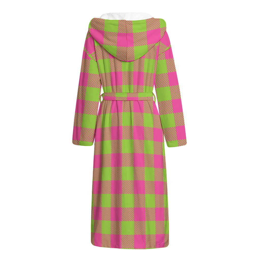 Pink And Green Buffalo Plaid Print Hooded Bathrobe